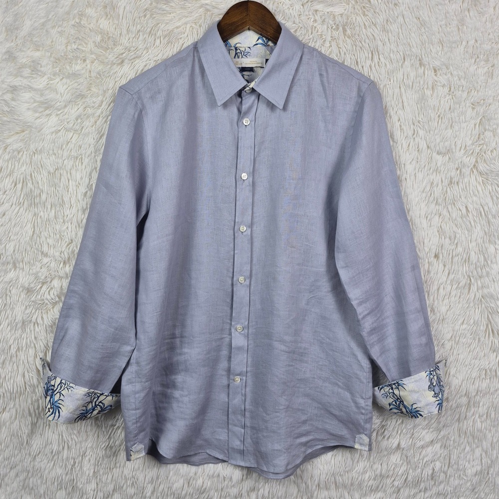 Jim Thompson x Pichaya Osothcharoenpol‎ Linen Rabbit Flip Cuff Shirt Mens M Blue